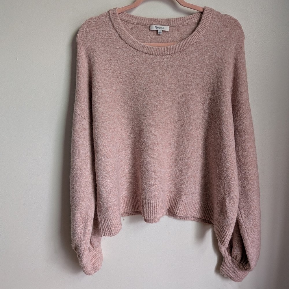 MADEWELL Cream Alpaca Puff Sleeves Dainty Knit Crewneck Sweater Size Large - Picture 2 of 12